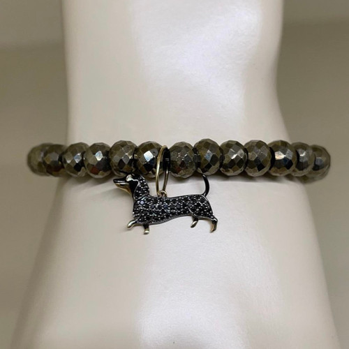 Sydney Evan 14K Yellow Gold Dachshund Charm on Pyrite Champagne Faceted Rondelle Bead Bracelet