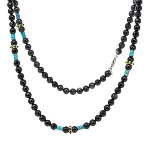 *RESERVE TODAY* Armenta 18K Yellow Gold and Grey Sterling Silver Artifact Beaded Teal Patina and Black Tourmaline Necklace