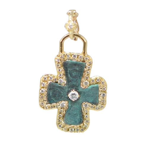 *RESERVE TODAY* Armenta 18K Yellow Gold and Grey Sterling Silver Artifact Rounded Cross Enhancer with White Diamonds and Teal Patina