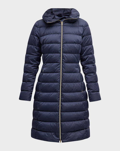 Herno Sateen Nylon Midi Puffer Coat with Hidden Hood in New Blu