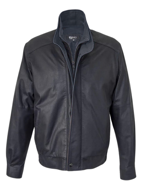 Remy Men's Leather Double Collar Bomber Jacket in Navy/Harbor
