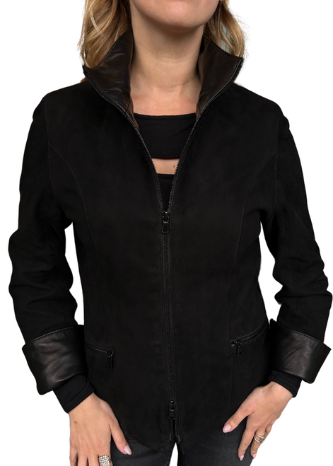 Remy Women's Leather Single Collar Jacket in Spider/Noir