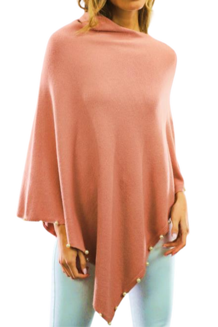 Augustina's Lightweight Knitted Poncho with Pearl Trim Border in Pink