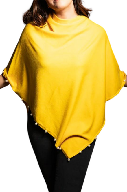 Augustina's Lightweight Knitted Poncho with Pearl Trim Border in Yellow