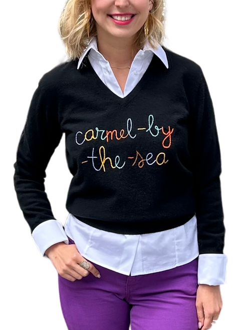 Augustina's Embroidered Carmel-By-The-Sea V-Neck Sweater in Black, Size XXX-Large