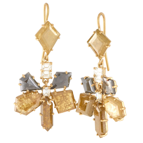 Sylva & Cie. 18K Yellow Gold Rough Cut Diamond and Baguette Flora Earrings