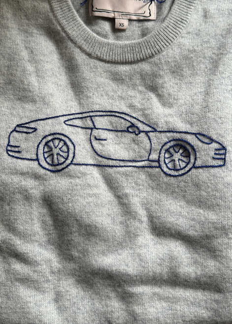 Augustina's Cobalt Thread Embroidered Porsche Car Crewneck Sweater in Smoke
