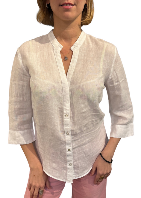 120% Lino 3/4 Length Sleeve V-Neck Blouse in White