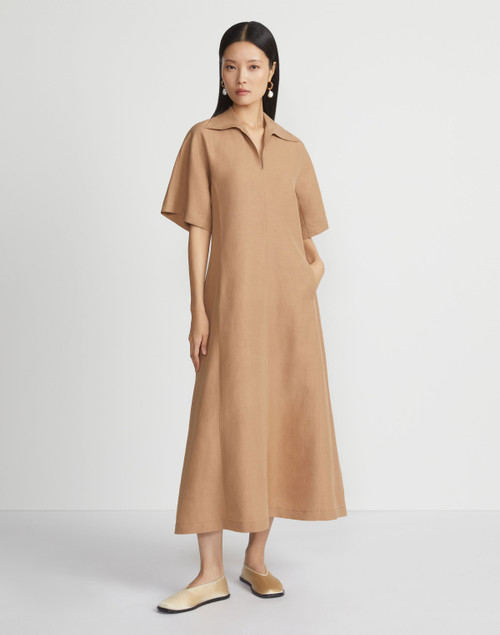 Lafayette 148 New York Silk-Linen Popover Dress in Camel, Size Medium