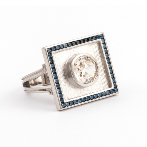 Sylva & Cie. 18K White Gold Old European Cushion Cut Diamond Ring, Size 7.25