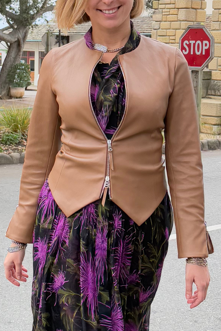 Susan Bender Pointed Jacket with Leather Pulls in Tan, Size 4