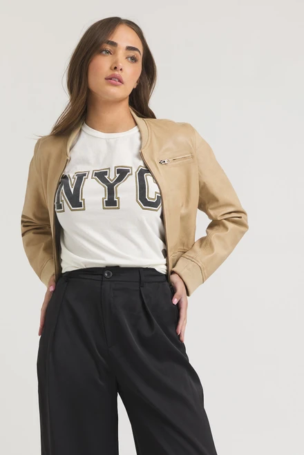 Jakett New York Collins Patina Leather Jacket in Sand, Size Small