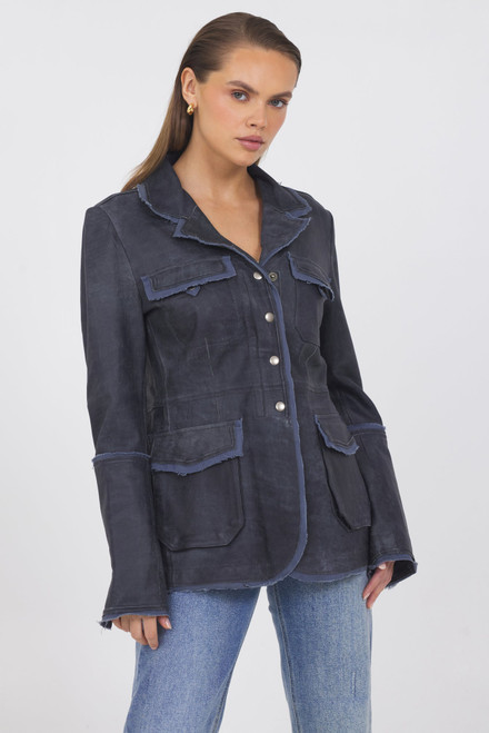 Jakett New York Meryl Distressed Vintage Leather Jacket in Indigo, Size Small
