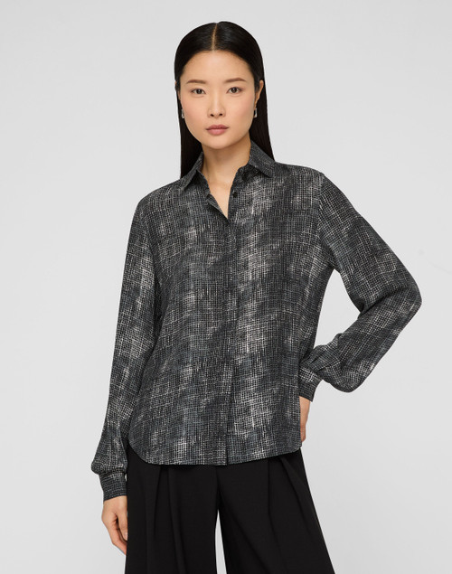 Lafayette 148 New York Diffused Houndstooth Print Silk Chiffon Blouse in Black Multi, Size X-Small