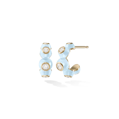 *RESERVE TODAY* Melissa Kaye 18K Yellow Gold Audrey Huggie Hoops with Pastel Blue Enamel