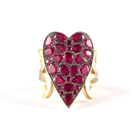 Sylva & Cie. 18K Yellow Gold & Sterling Silver Reclaimed Ruby Heart Ten Table Ring, Size 8
