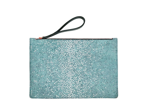 Linde Gallery St. Barth Oscar II Galuchat Printed Suede Pouch in Laguna, Medium