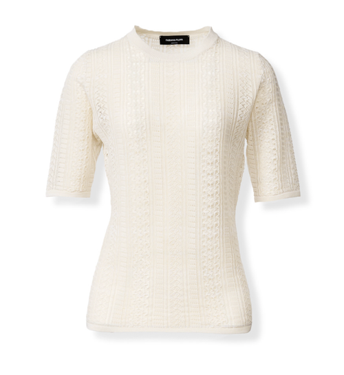 Fabiana Filippi Cotton Lace Stitch Short Sleeve Sweater in Butter, Size 46