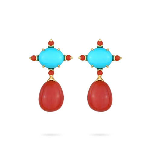 Paul Morelli Turquoise & Red Coral Teardrop Dangle Earrings