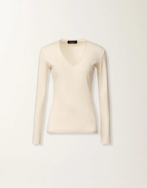 Fabiana Filippi Long Sleeve V-Neck Ribbed Jersey T-Shirt in Butter, Size 38
