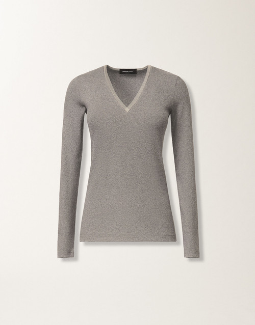 Fabiana Filippi Long Sleeve V-Neck Ribbed Jersey T-Shirt in Rock Grey, Size 46