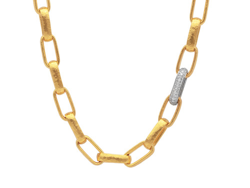 *SPECIAL ORDER TODAY* GURHAN Hoopla 24K Gold Diamond Pave Statement Chain Necklace, Hand-Hammered Large Heavy Oval Links & Single Pave Station
