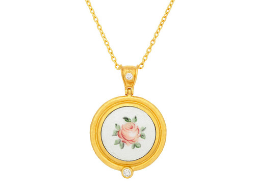 *SPECIAL ORDER TODAY* GURHAN Antiquities One-of-a-Kind 24K Gold Guilloche Enamel Pendant Necklace, 16mm Round Floral Motif set in Wide Frame