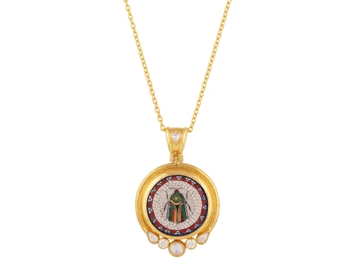 *SPECIAL ORDER TODAY* GURHAN Antiquities One-of-a-Kind 24K Gold Micro Mosaic Pendant Necklace, Micro Mosaic Depicting a Scarab Beetle