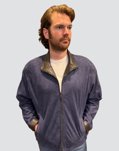 Remy Men’s Leather Single Collar Bomber Jacket in Lake/Rustic