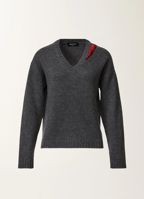 Fabiana Filippi Cashmere V-Neck Sweater with Sequin Collar Inset in Onyx