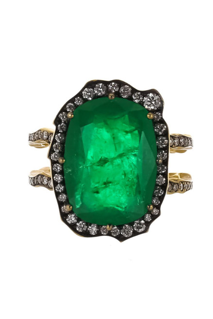 *RESERVE TODAY* Sylva & Cie. 18K Yellow Gold Old Double Shank Zambian Emerald Ring, Size 7.5