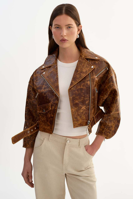 *ORDER TODAY* LAMARQUE Vinnie Leather Cropped Biker Jacket in Brown