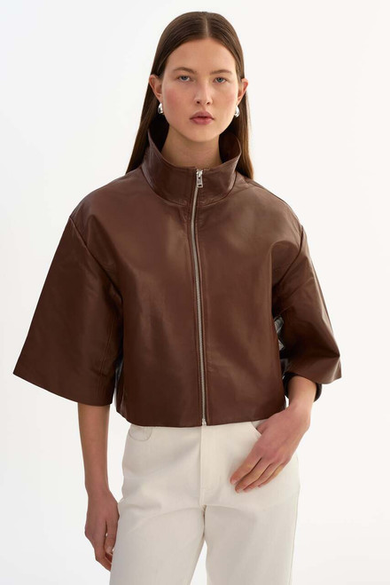 *ORDER TODAY* LAMARQUE Elin Funnel Neck Leather Jacket in Mid Brown