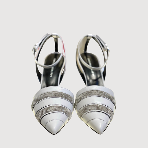 Fabiana Filippi Striped Embellished Pointed Toe Ankle Strap Sandals, Size 40