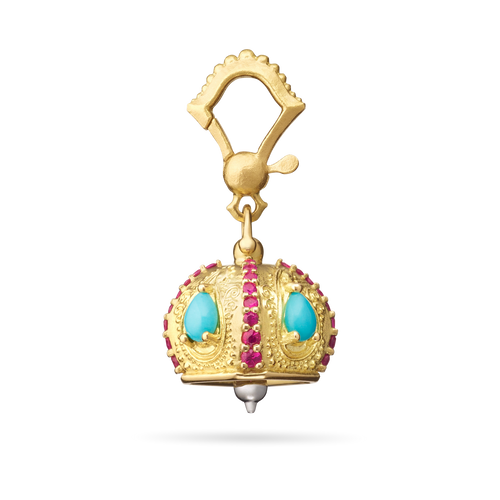 Paul Morelli 18K Yellow Gold Raja Meditation Bell (Turquoise/Ruby), 9.5mm