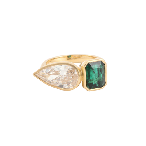 *ORDER TODAY* Sylva & Cie. 18K Yellow Gold Zambian Emerald Diamond Ring, Size 7