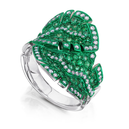 Graziela 18K White Gold Emerald Folha Bypass Ring