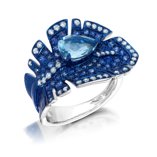 Graziela 18K White Gold Aquamarine & Blue Sapphire Folha Ring