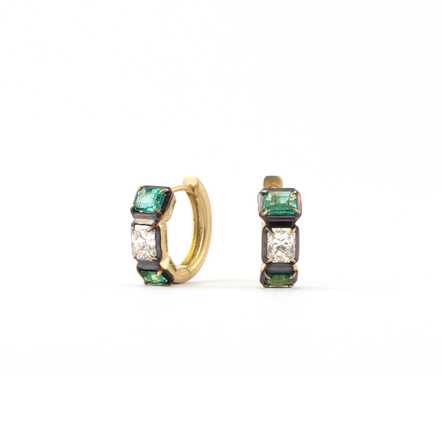 Sylva & Cie. 18K Yellow Gold Emerald and Radiant Cut Diamond Baby Hoops