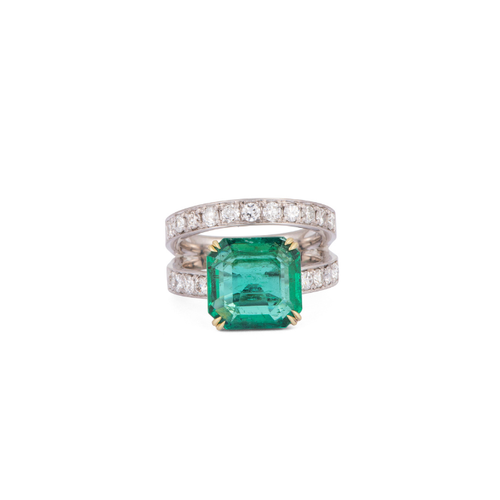 Sylva & Cie. 18K Yellow Gold/Platinum Emerald and Old European Diamond Ring, Size 7.5