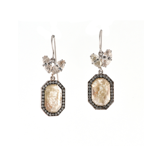 Sylva & Cie. 18K White Gold Rough Diamond Earrings with Marquise Tops