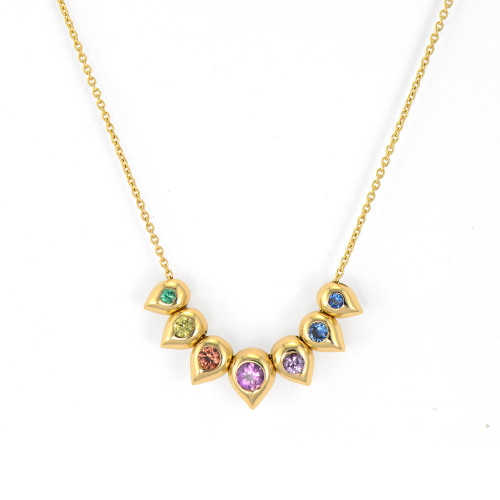 Three Stories Jewelry 14K Yellow Gold Double Sided Graduated 7 Bezel Sliding Teardrop Necklace, 18"