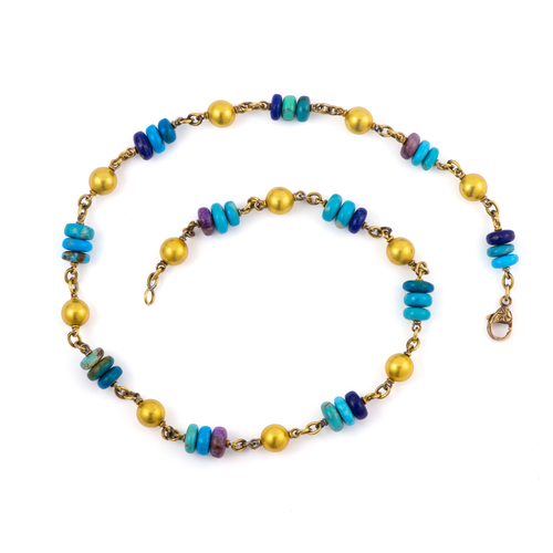 Sylva & Cie. 18K Yellow Gold Turquoise, Sujulite and Lapis Gold Bead Necklace, 18"