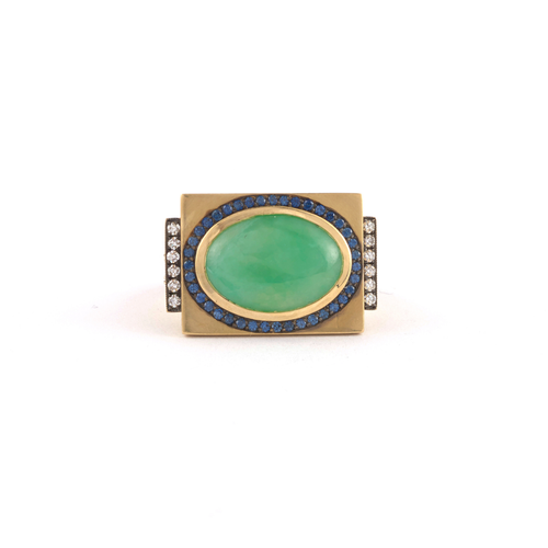 Sylva & Cie. 18K Yellow Gold Jade, Sapphire and Diamond Renee Ring, Size 7 1/2