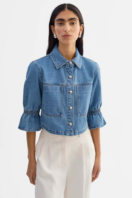 LAMARQUE Carolina D Ruffle Sleeve Denim Jacket in Mid Blue Wash