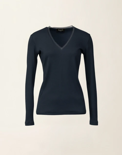 Fabiana Filippi Ribbed Cotton V-Neck T-Shirt with Tulle Trim in Midnight Blue
