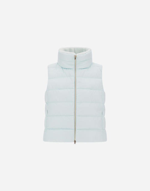 Herno Sateen Nylon Quilted Vest with Faux Fur Collar in Pale Aqua