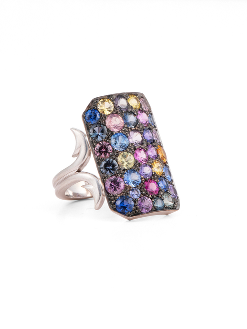 Sylva & Cie. 18K White Gold Multi Color Ten Table Ring, Size 7.5