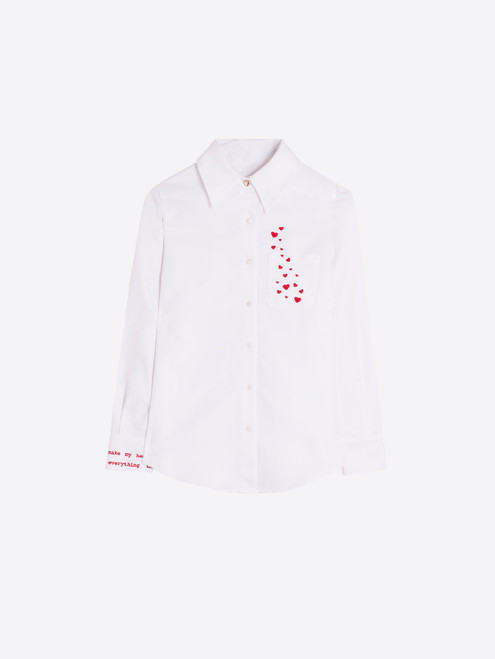 Vilagallo Herringbone Shirt with Heart Embroidery in White