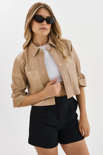 *ORDER TODAY* LAMARQUE Carolina Ruffle Sleeve Leather Jacket in Beige
